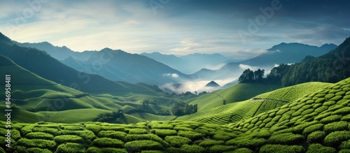 Lush green tea plants cover...