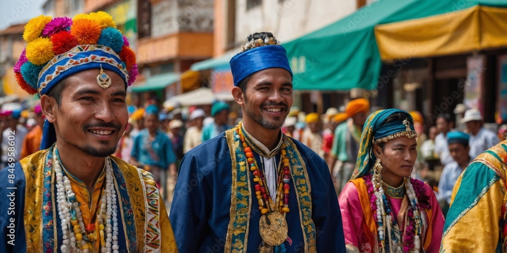 Fototapeta premium Men wearing traditional Nepalese attire smile warmly during a ceremony