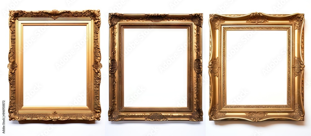 Three elegant gold frames displayed against a plain white background and wall, creating a sophisticated contrast. with copy space image. Place for adding text or design
