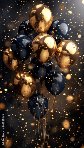 Fototapeta 3d rendering of golden and blue balloons with confetti on black background for stunning visuals