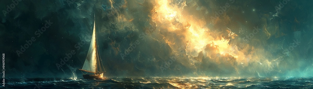 Sailboat bathed in celestial light, dark ocean scene, serene, magical, digital painting 8K , high-resolution, ultra HD,up32K HD Sailboat bathed in celestial light, dark ocean scene, serene, magical, digital painting 8K , high-resolution, ultra HD,up32K HD