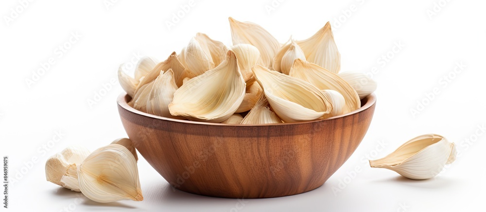 Bowl containing garlic cloves isolated on a plain white background. with copy space image. Place for adding text or design Bowl containing garlic cloves isolated on a plain white background. with copy space image. Place for adding text or design