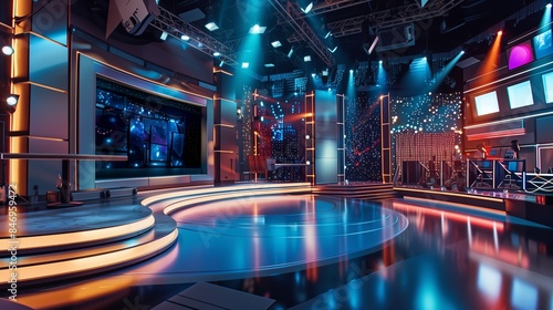 A deserted studio with a stage and a variety of different lighting for filming entertainment programs or talk shows. photo