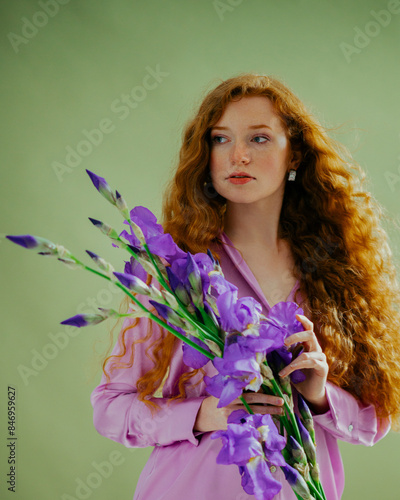 Beautiful redhead freckled woman with long curly hair wearing purple satin blouse, holding bouquet of iris flowers, posing on green background. Studio portrait
