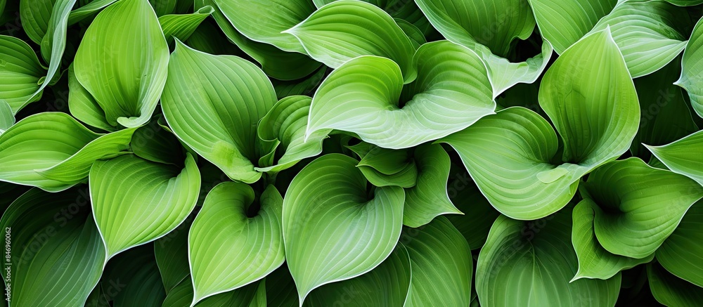 Lush green leaves of the Siebold's plantain lily, scientifically known as Hosta sieboldii, close-up view. with copy space image. Place for adding text or design Lush green leaves of the Siebold's plantain lily, scientifically known as Hosta sieboldii, close-up view. with copy space image. Place for adding text or design
