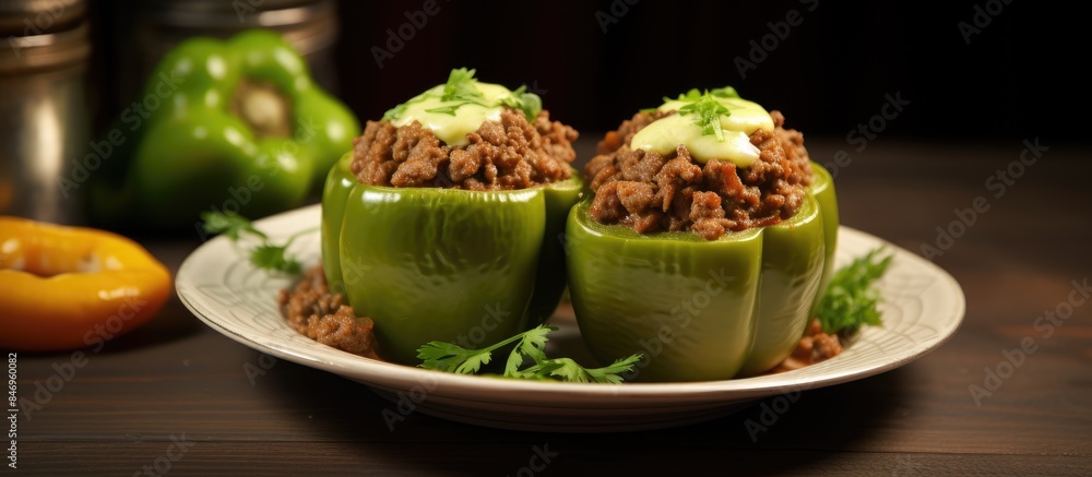 Stuffed green bell peppers filled with ground beef served on a plate with a savory sauce. with copy space image. Place for adding text or design Stuffed green bell peppers filled with ground beef served on a plate with a savory sauce. with copy space image. Place for adding text or design