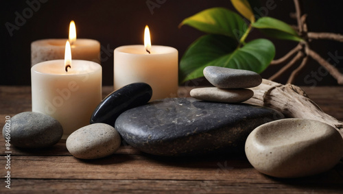 Tranquil spa still life with candles and stones. Relaxation setting.