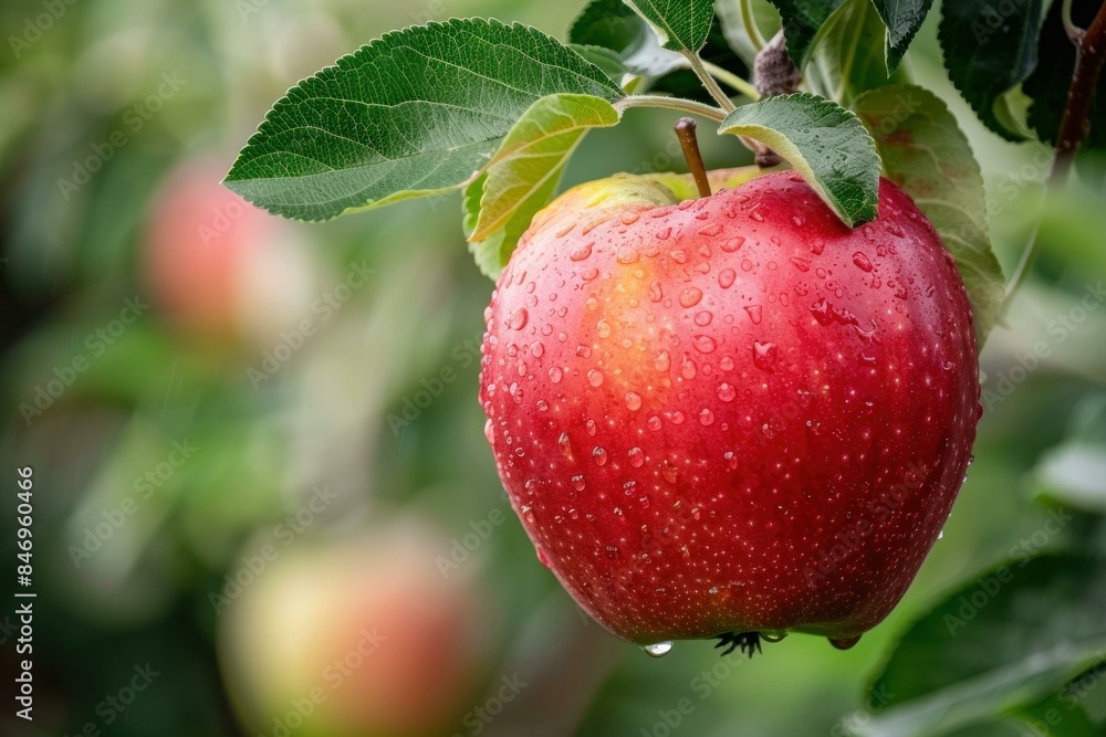 Ripe red apple with water droplets, set against green leaves on a tree Ripe red apple with water droplets, set against green leaves on a tree