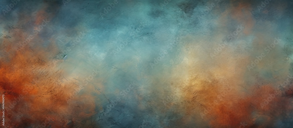 In the artwork, a vivid blue and orange sky is depicted with fluffy clouds scattered across the horizon. with copy space image. Place for adding text or design In the artwork, a vivid blue and orange sky is depicted with fluffy clouds scattered across the horizon. with copy space image. Place for adding text or design