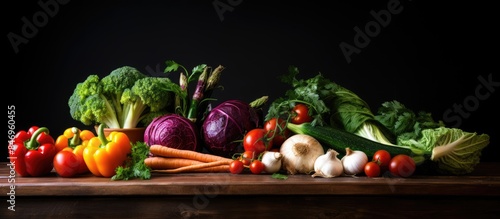 Various organic vegetables commonly used in salads beautifully arranged on a table with a dark background. with copy space image. Place for adding text or design
