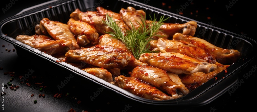 Tray of succulent marinated poultry wings with a fresh sprig of rosemary, ready for cooking. High-quality raw chicken product with a flavorful marinade. with copy space image Tray of succulent marinated poultry wings with a fresh sprig of rosemary, ready for cooking. High-quality raw chicken product with a flavorful marinade. with copy space image