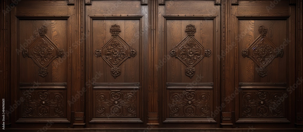 Intricately carved wooden door showcases elaborate designs in a deep brown wood grain color. with copy space image. Place for adding text or design Intricately carved wooden door showcases elaborate designs in a deep brown wood grain color. with copy space image. Place for adding text or design