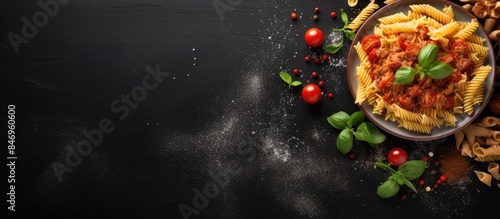 Plate of pasta topped with a savory tomato sauce  fresh basil leaves  and grated parmesan  served with assorted vegetables. with copy space image. Place for adding text or design