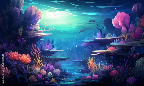 Colorful coral reef with diverse marine life, flat design, top view, ocean theme, cartoon drawing, colored pastel