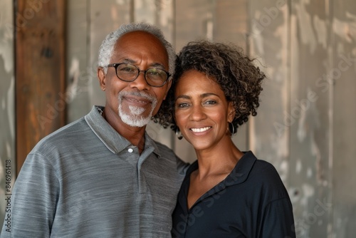 Portrait of a satisfied multicultural couple in their 50s donning a classy polo shirt while standing against light wood minimalistic setup © Markus Schröder
