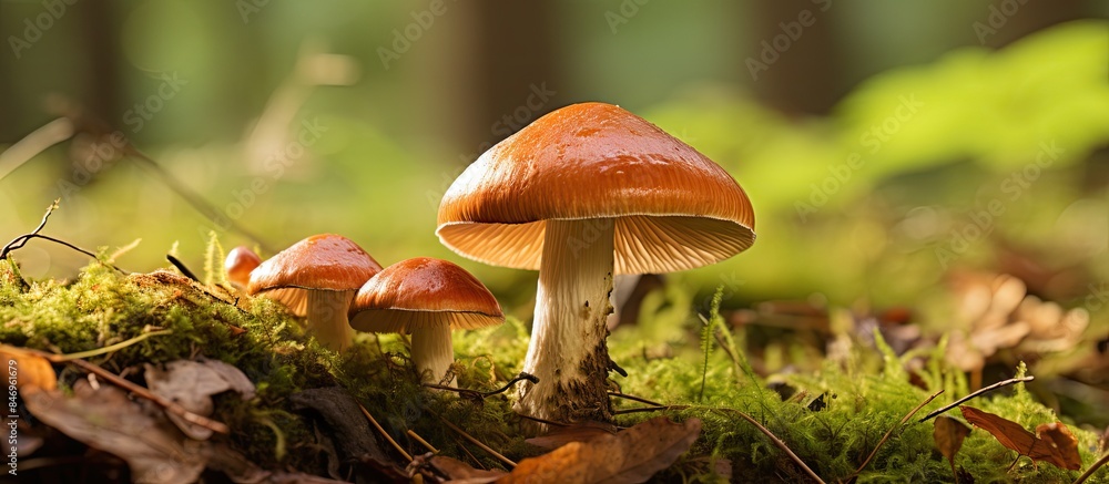 Mushrooms thriving on the verdant forest floor among moss, leaves, and grass, creating a natural composition. with copy space image. Place for adding text or design Mushrooms thriving on the verdant forest floor among moss, leaves, and grass, creating a natural composition. with copy space image. Place for adding text or design