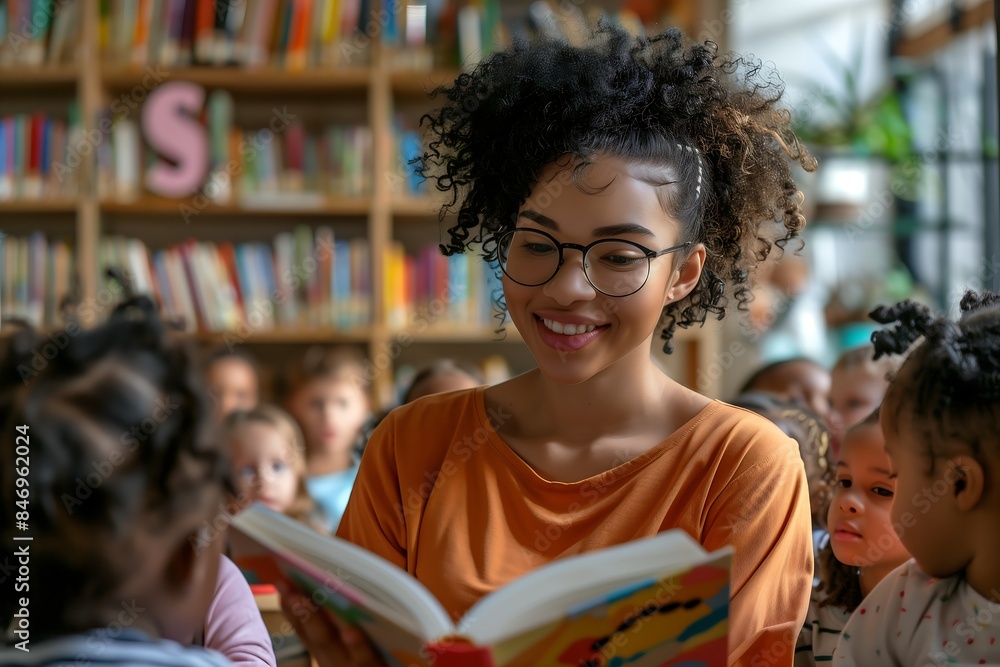 Teacher holding book in library surrounded by excited young children