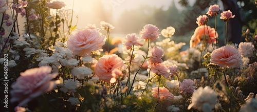 Fototapeta Naklejka Na Ścianę i Meble -  Lovely flowers displaying charming beauty as sunlight filters through trees in a vibrant field. with copy space image. Place for adding text or design