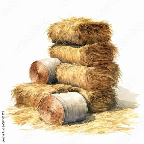 A vintage watercolor painting depicting stacked hay bales, showcasing rustic farm life with detailed textures and natural colors.