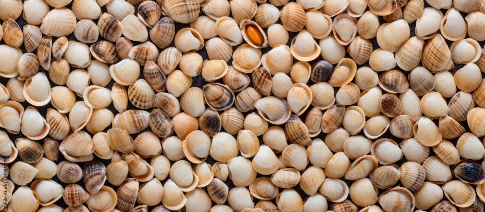Shells stacked together on a wooden surface, creating a textured display. with copy space image. Place for adding text or design Shells stacked together on a wooden surface, creating a textured display. with copy space image. Place for adding text or design