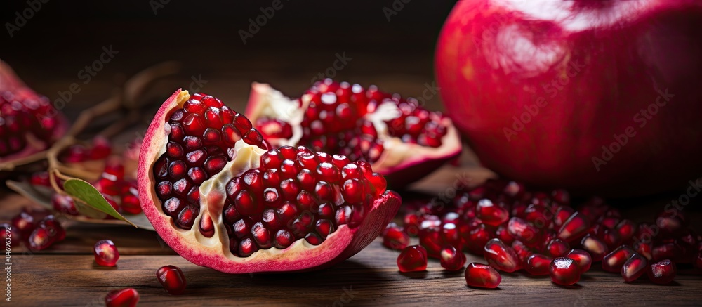 A vibrant pomegranate displayed on a flat surface, showcasing its seeds intact and ready for consumption, known for its potent antioxidants and health benefits. with copy space image A vibrant pomegranate displayed on a flat surface, showcasing its seeds intact and ready for consumption, known for its potent antioxidants and health benefits. with copy space image