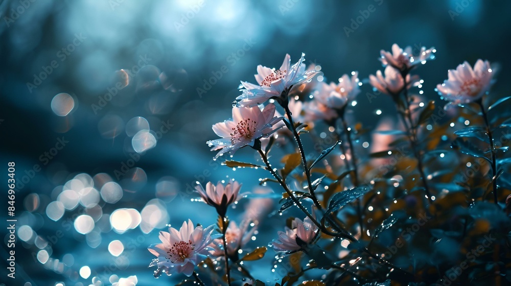 Pink flowers covered in water droplets, blooming in the dark. Pink flowers covered in water droplets, blooming in the dark.