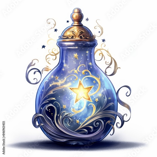 Shimmering watercolor potion bottle, ethereal swirls with tiny stars suspended inside, detailed watercolor illustration clipart photo