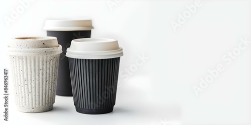 Stylish Travel Mugs and Takeaway Cups Up Close on White Background. Concept Product Photography, Drinkware, Coffee Lifestyle, White Background, Close-Up Shots photo