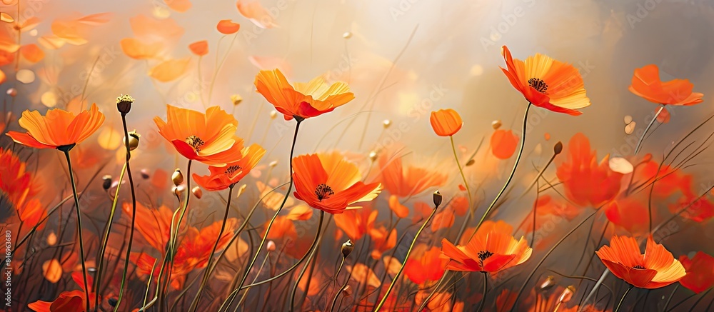 Vibrant orange blossoms thrive in a field during autumn, painting a beautiful picture. with copy space image. Place for adding text or design Vibrant orange blossoms thrive in a field during autumn, painting a beautiful picture. with copy space image. Place for adding text or design