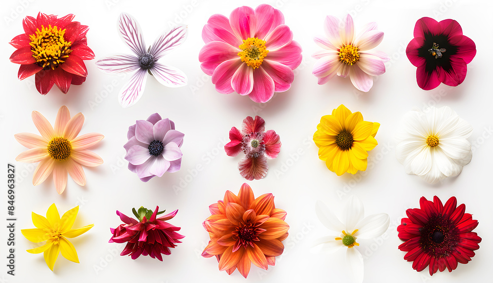 Set of different beautiful flowers on white background, top view Set of different beautiful flowers on white background, top view