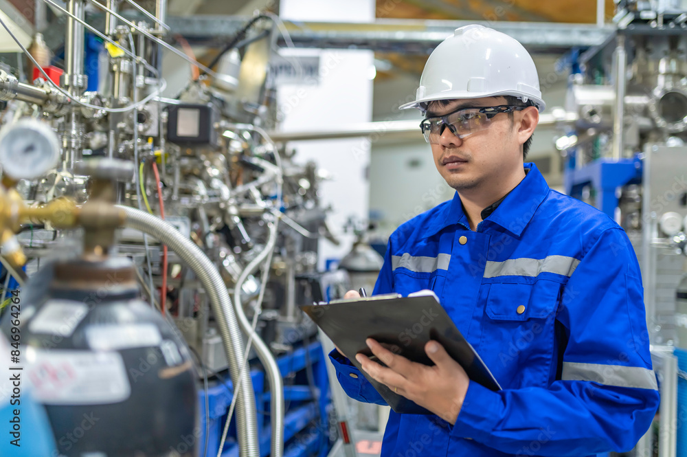 Asian engineer working at Operating hall,Thailand people wear helmet work,He worked with diligence and patience,she checked the valve regulator at the hydrogen tank. Asian engineer working at Operating hall,Thailand people wear helmet work,He worked with diligence and patience,she checked the valve regulator at the hydrogen tank.