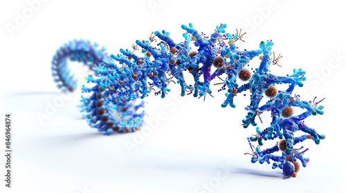 Close-up of a blue spiral DNA helix structure with vibrant colors isolated on a white background, representing genetic research and biology.