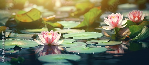 Numerous water lilies float...