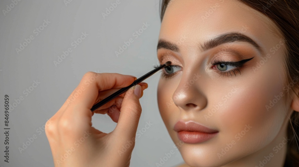 Fototapeta premium A woman is applying mascara to her upper eyelashes with a wand. The hand holding the mascara wand is slightly out of focus, while the womans face is in focus.
