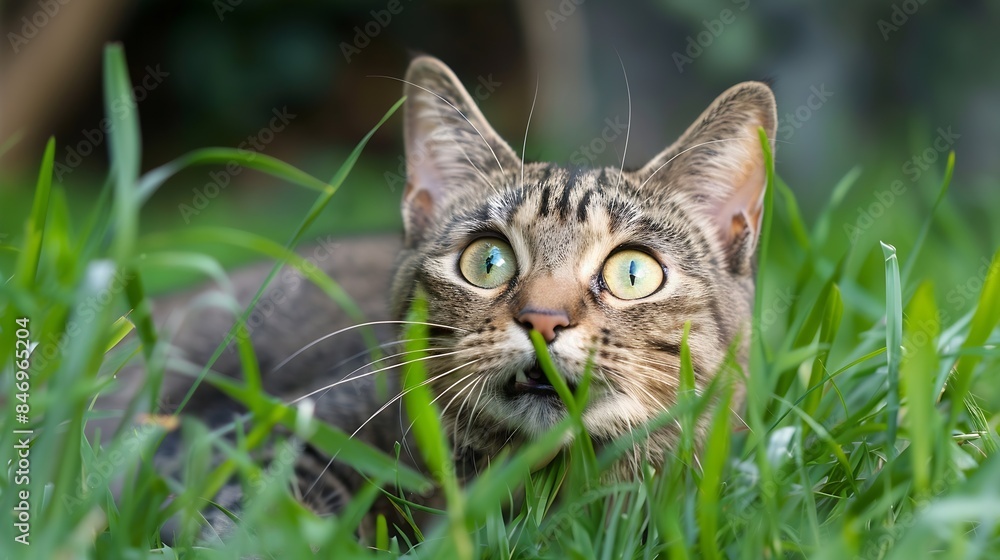 Crazed eyed cat playing with the grass : Generative AI Crazed eyed cat playing with the grass : Generative AI