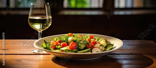 Salad arranged in a white p...