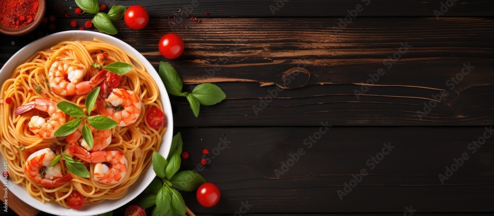 Pasta dish featuring shrimp, tomatoes, and sauce served on a rustic wooden table. with copy space image. Place for adding text or design Pasta dish featuring shrimp, tomatoes, and sauce served on a rustic wooden table. with copy space image. Place for adding text or design