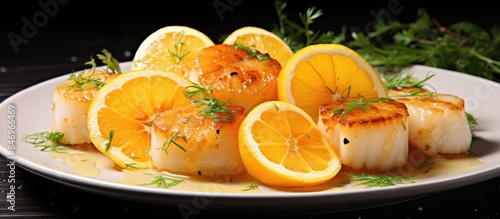 Seared scallops with a gold...