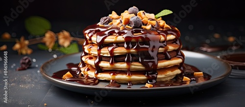 A giraffe dessert topped with decadent chocolate syrup and crunchy nuts for a delicious treat. with copy space image. Place for adding text or design