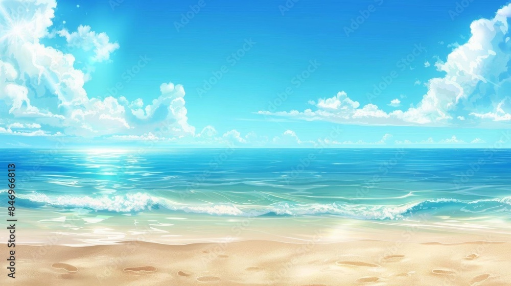 Fototapeta premium Sand of a heavenly beach and calm sea under the blue sky and the heat of the sun, summer vacation mood banner, tranquil and peaceful background, holidays in paradise