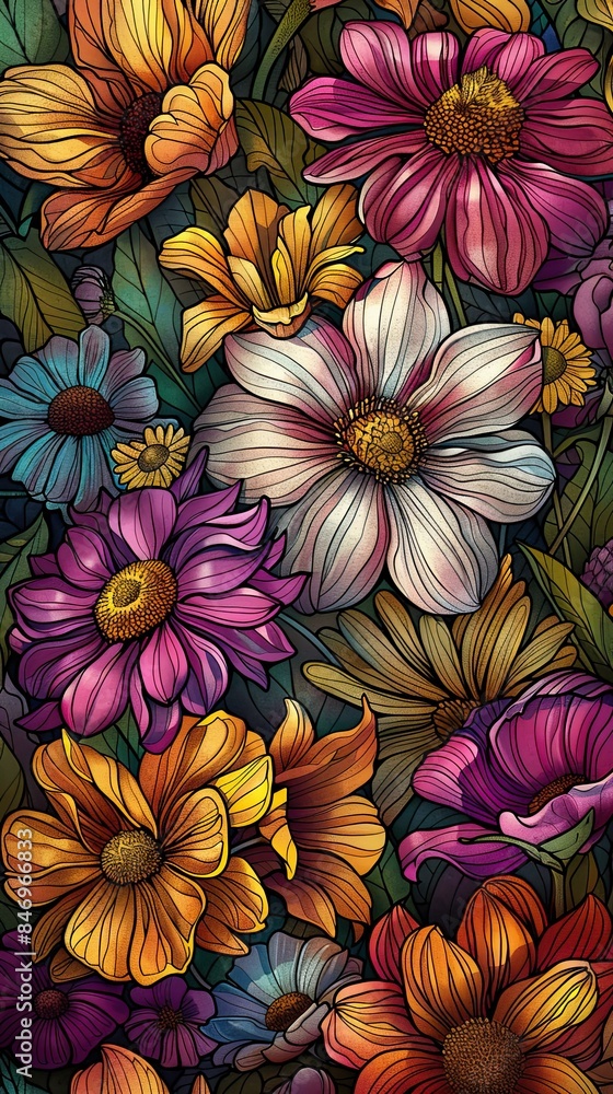 A colorful painting of flowers with a variety of colors and sizes A colorful painting of flowers with a variety of colors and sizes