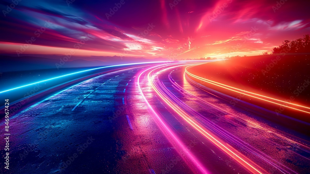 Create a photo of a long winding road with a beautiful sunset in the background Create a photo of a long winding road with a beautiful sunset in the background