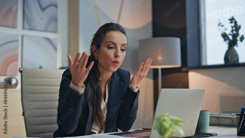 Angry woman quarrelling videocall at morning cabinet. Nervous lady video chat Angry woman quarrelling videocall at morning cabinet. Nervous lady video chat