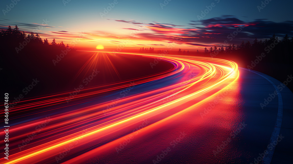 Create an abstract painting of a car speeding through a winding road at sunset. The colors should be vibrant and the brushstrokes should be thick and expressive. Create an abstract painting of a car speeding through a winding road at sunset. The colors should be vibrant and the brushstrokes should be thick and expressive.