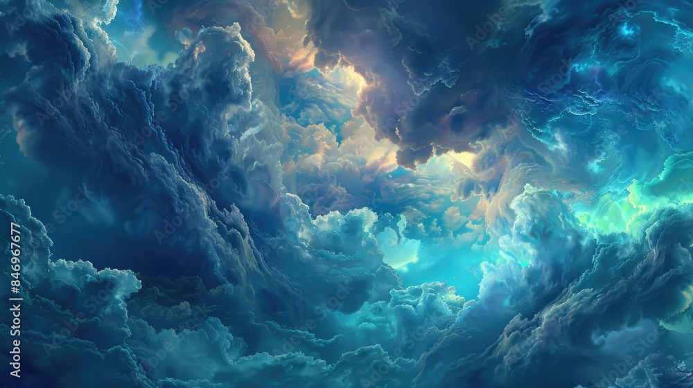 Fototapeta premium Ignite your creativity with a stunning picture of a dreamy sky filled with swirling clouds set against a vibrant blue backdrop The interplay of light and darkness forms a captivating scene
