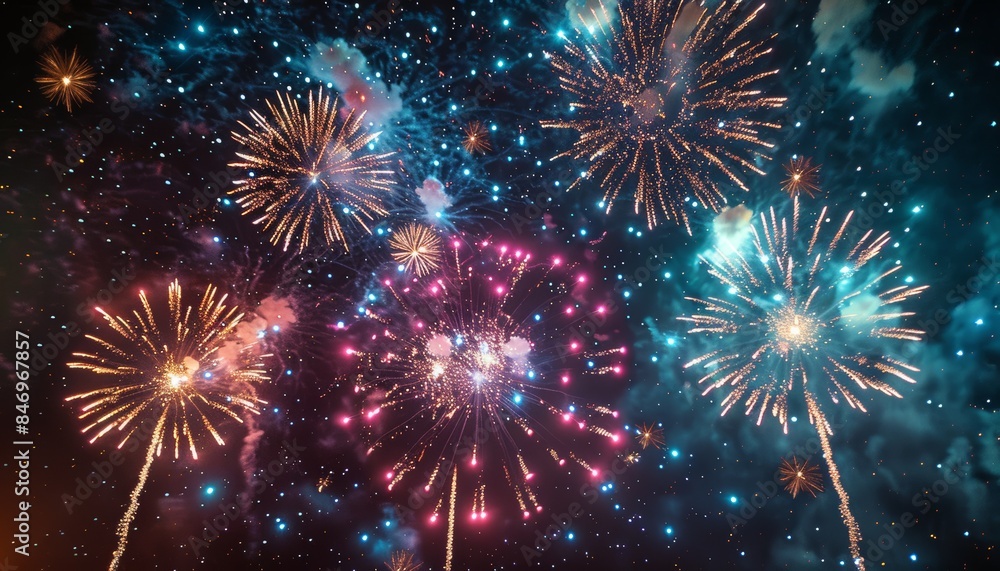 Naklejka premium A colorful display of fireworks lighting up the night sky with bright bursts of pink, blue, and yellow. Perfect for celebrations and festive events.