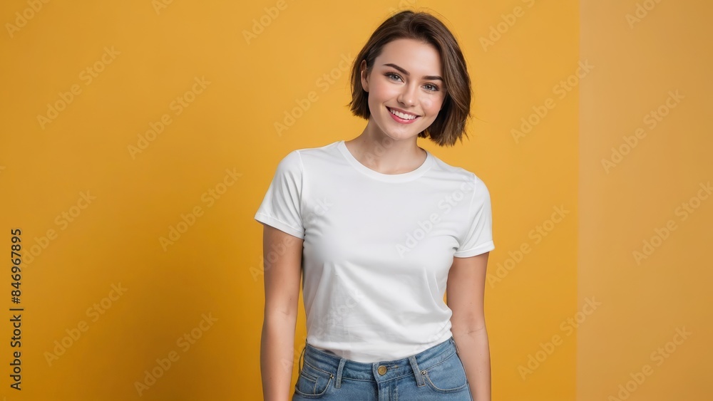 Young woman with short hair wearing white t-shirt and blue jeans isolated on yellow background Young woman with short hair wearing white t-shirt and blue jeans isolated on yellow background