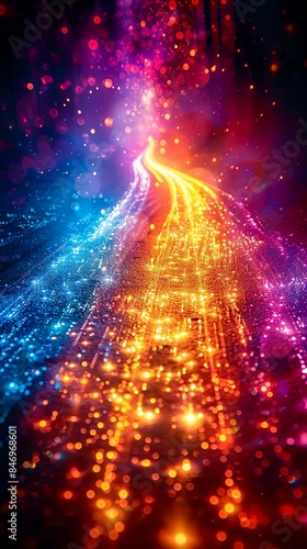 An abstract painting of a colorful light trail
