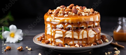Cake topped with rich caram...