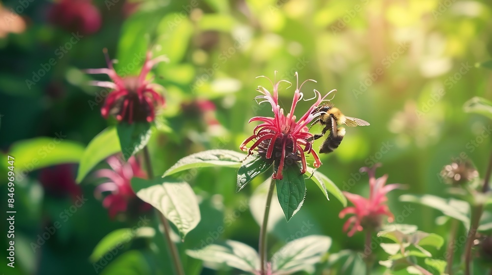 a small bee moves from one bee balm flower to another on a sunny day : Generative AI a small bee moves from one bee balm flower to another on a sunny day : Generative AI